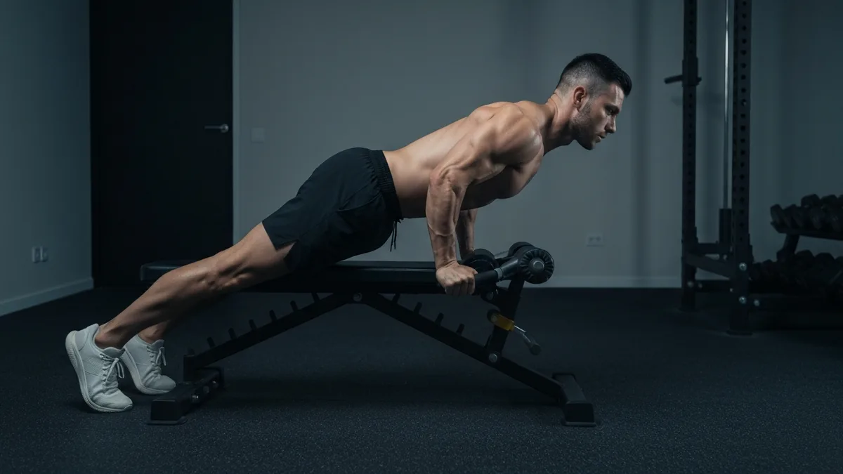 Back extension bench in a home gym showing the 45-degree pad angle and foot plate