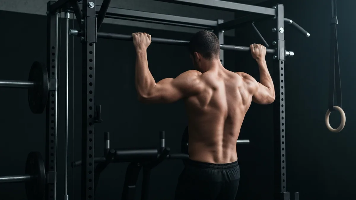 Home gym setup optimized for back training with pull-up bar, cable station, and barbell