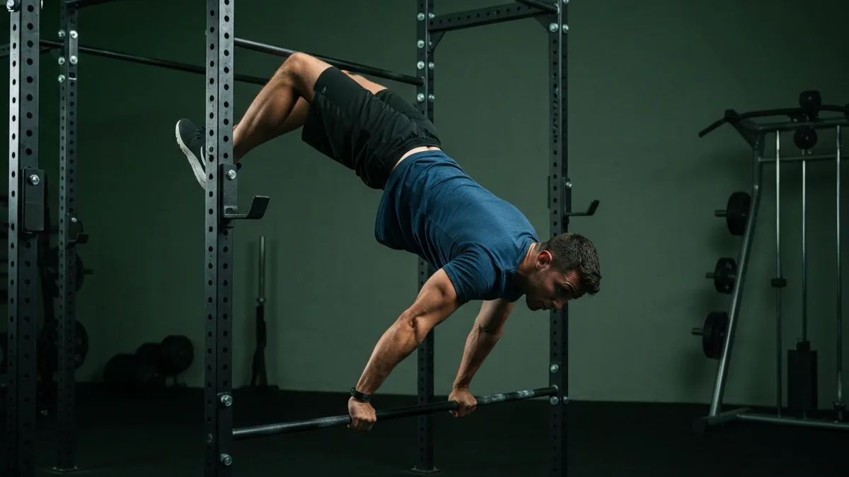 Person performing an inverted row on a low bar as part of a bodyweight back workout