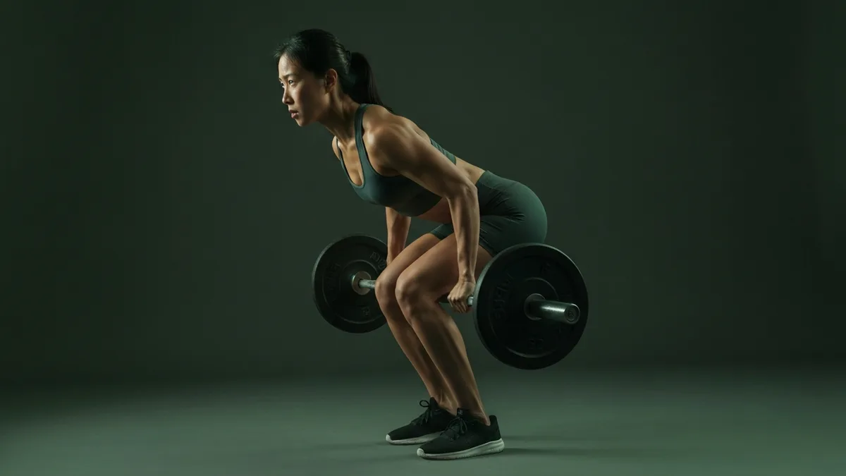 Person performing a bent-over barbell row with proper hip hinge form