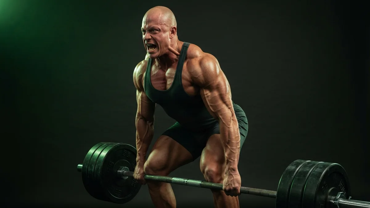 Person performing a conventional deadlift at lockout showing posterior chain muscle engagement