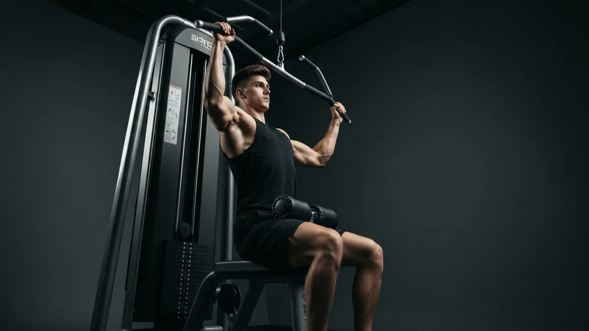 Split view comparing a high row machine and a lat pulldown exercise for back training