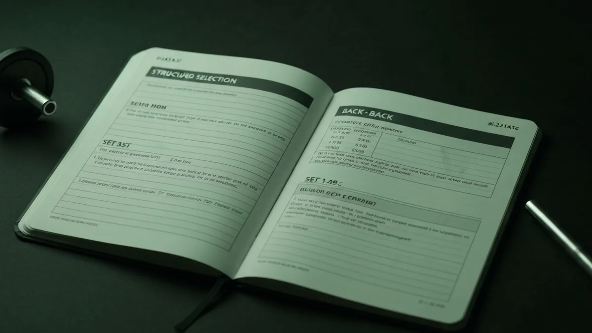 Training notebook showing a structured back workout with exercise selection and set counts