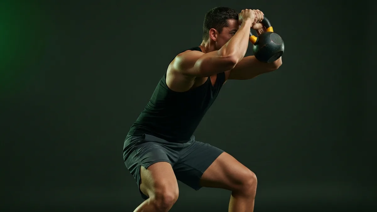 Person performing a kettlebell swing demonstrating hip hinge and lower back engagement