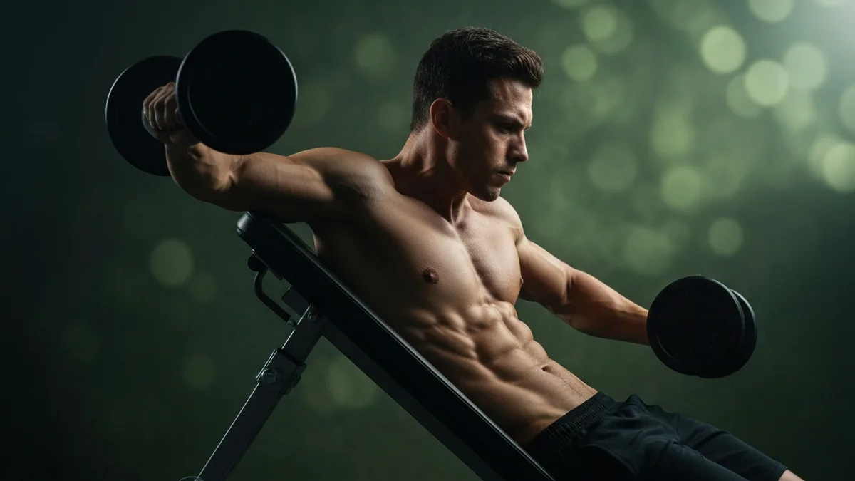 Person performing a dumbbell reverse fly on an incline bench targeting rear deltoids and upper back