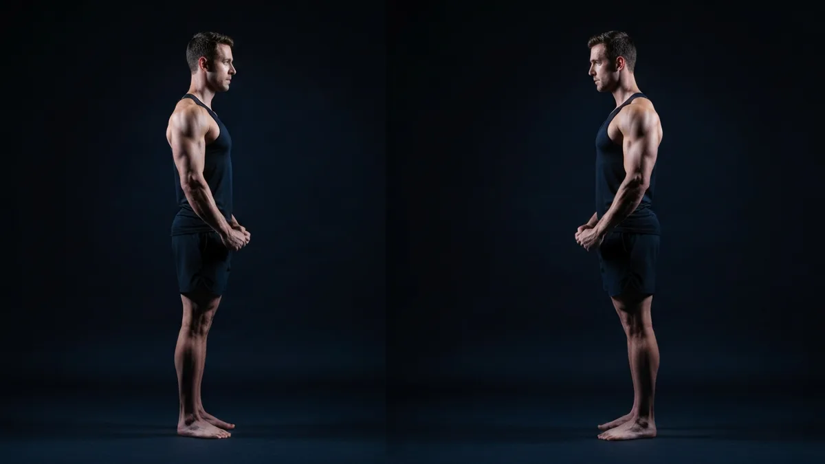 Side-by-side comparison of normal standing posture and sway back posture showing hip and spine alignment