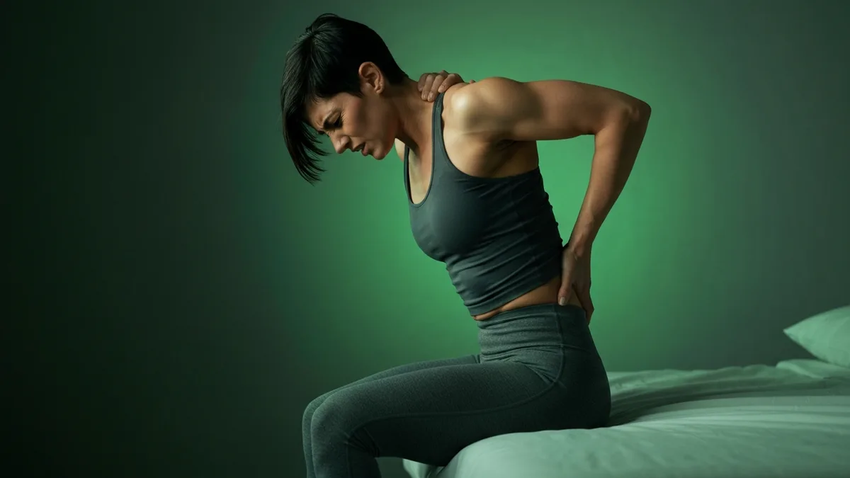 Person sitting on bed edge holding their upper back in discomfort after waking